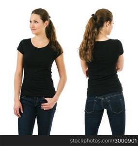 Young beautiful brunette female with blank black shirt, front and back. Ready for your design or artwork.