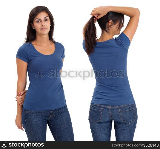Young beautiful brunette female with blank blue shirt, front and back. Ready for your design or artwork.