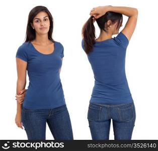 Young beautiful brunette female with blank blue shirt, front and back. Ready for your design or artwork.