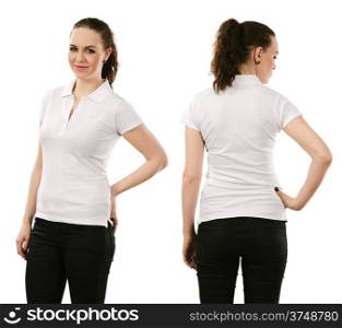 Young beautiful brunette female with blank white polo shirt, front and back. Ready for your design or artwork.