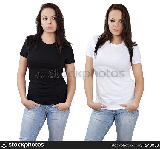 Young beautiful brunette female with blank white shirt and black shirt. Ready for your design or logo.