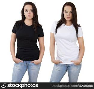 Young beautiful brunette female with blank white shirt and black shirt. Ready for your design or logo.