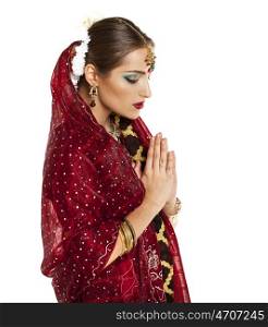 Young beautiful brunette woman in indian dress