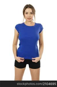 Young beautiful brunette woman with blank blue shirt. Ready for your design or artwork.