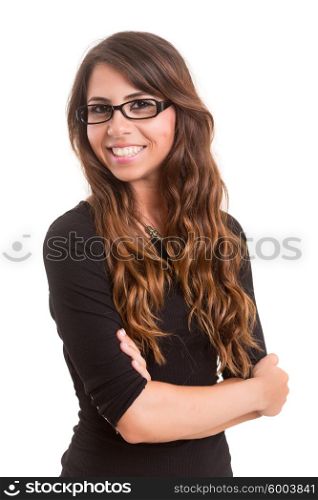 Young beautiful business woman posing isolated