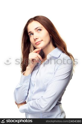 Young beautiful business woman thinking / making choice, isolated on white