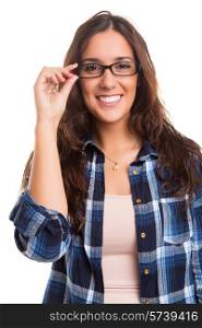 Young beautiful business woman who weares glasses posing isolated