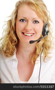 young beautiful business woman with headset phone customer solution info service