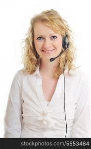 young beautiful business woman with headset phone customer solution info service