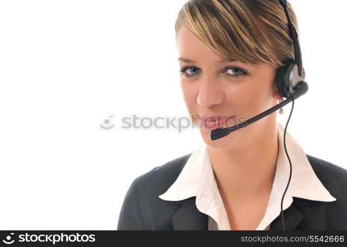 young beautiful business woman with headset phone help customer solution info service