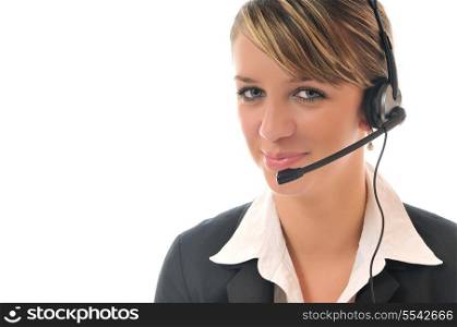 young beautiful business woman with headset phone help customer solution info service