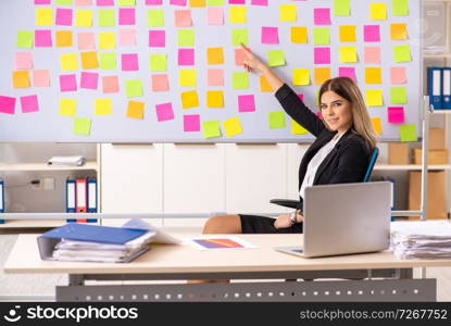 Young beautiful businesslady in conflicting priorities concept 