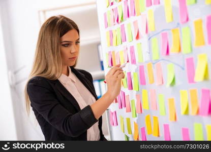 Young beautiful businesslady in conflicting priorities concept 