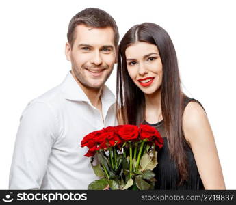 Young beautiful caucasian couple with flowers isolated on white. Young beautiful couple with flowers isolated on white