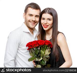 Young beautiful caucasian couple with flowers isolated on white. Young beautiful couple with flowers isolated on white