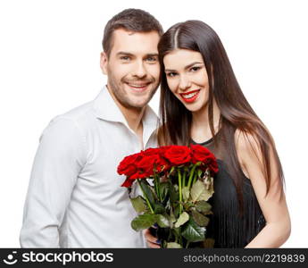 Young beautiful caucasian couple with flowers isolated on white. Young beautiful couple with flowers isolated on white