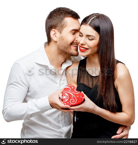 Young beautiful caucasian couple with present isolated on white. Young beautiful couple with present isolated on white