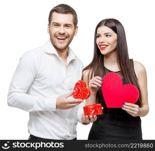 Young beautiful caucasian couple with present isolated on white. Young beautiful couple with present isolated on white