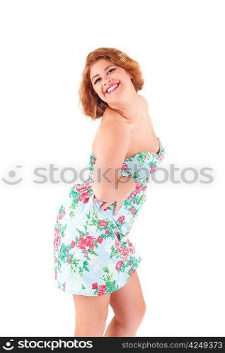 Young beautiful caucasian woman posing, isolated over white, retro styling