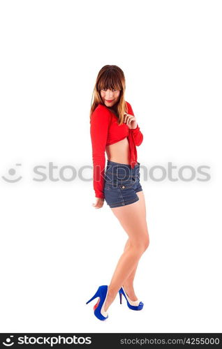 Young beautiful caucasian woman posing, isolated over white, retro styling