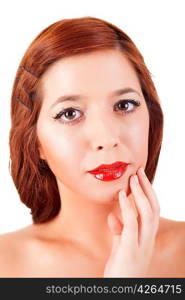 Young beautiful caucasian woman posing, isolated over white, retro styling