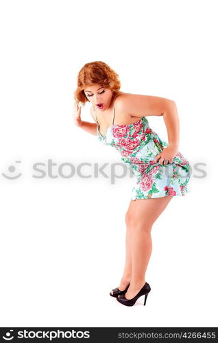 Young beautiful caucasian woman posing, isolated over white, retro styling