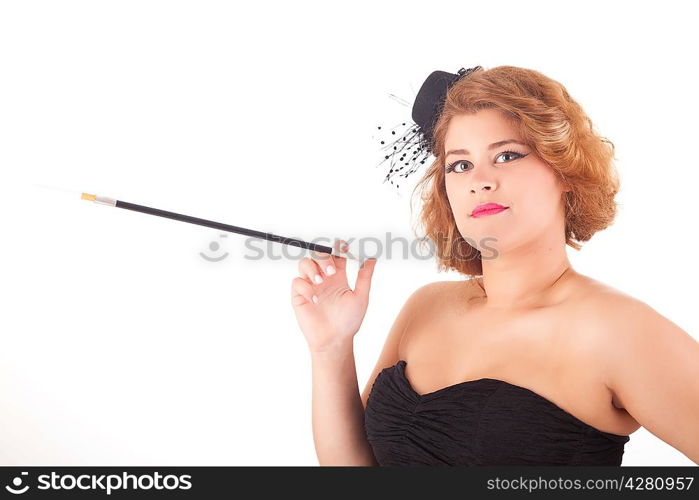 Young beautiful caucasian woman posing, isolated over white, retro styling