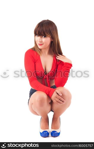 Young beautiful caucasian woman posing, isolated over white, retro styling