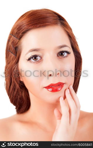 Young beautiful caucasian woman posing, isolated over white, retro styling