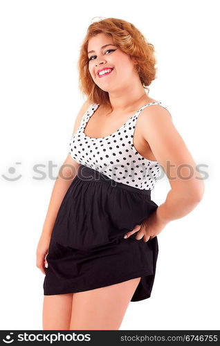 Young beautiful caucasian woman posing, isolated over white, retro styling