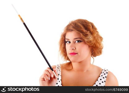 Young beautiful caucasian woman posing, isolated over white, retro styling