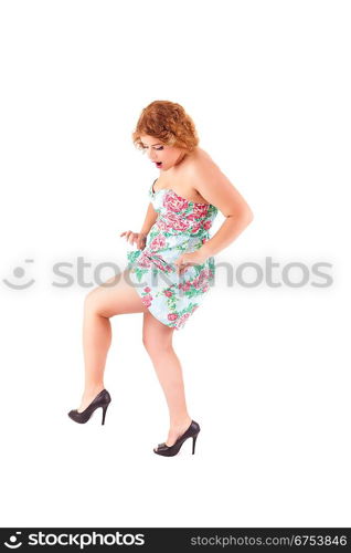 Young beautiful caucasian woman posing, isolated over white, retro styling