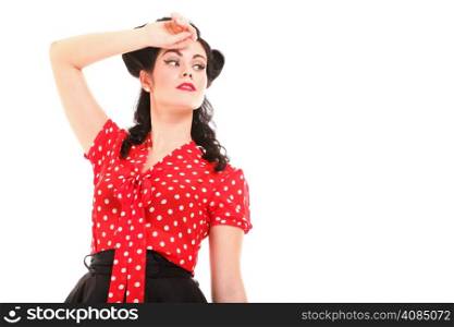 young beautiful caucasian woman posing retro styling, studio shot isolated over white