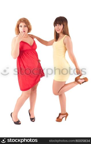 Young beautiful caucasian women posing, isolated over white, retro styling