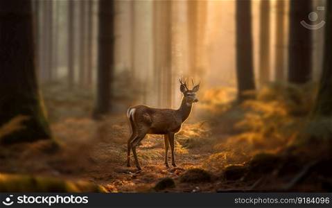Young beautiful deer in a sunrise and misty forest. Natural woodland dawn landscape. Dark shadows and golden morning sun background summer nature beauty forest. Young beautiful deer in a sunrise and misty forest. Natural woodland dawn landscape. Dark shadows and golden morning sun background summer nature beauty
