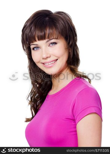 Young beautiful fashion brunette woman with cheerful smile - white background