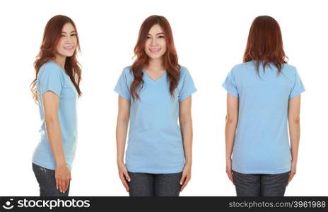 young beautiful female with blank blue t-shirt isolated on white background