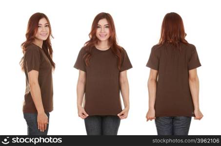 young beautiful female with blank brown t-shirt isolated on white background
