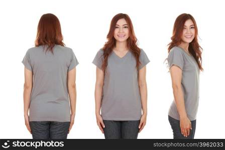 young beautiful female with blank gray t-shirt isolated on white background