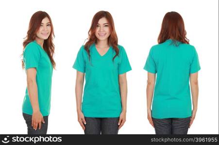 young beautiful female with blank green t-shirt isolated on white background