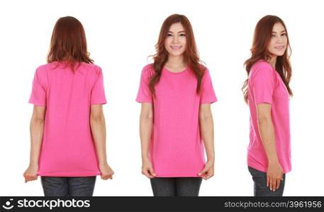 young beautiful female with blank pink t-shirt isolated on white background