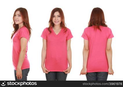 young beautiful female with blank pink t-shirt isolated on white background