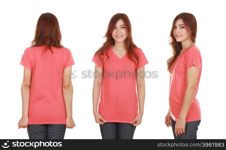 young beautiful female with blank t-shirt isolated on white background