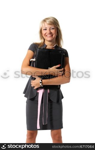 Young beautiful girl, a businesswoman with a briefcase on the white background