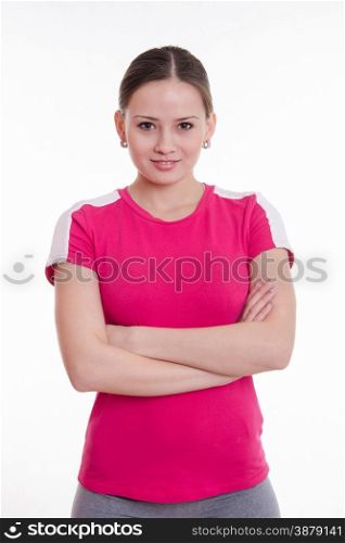 Young beautiful girl holds Europeans physical exercise. Portrait of girl athletes