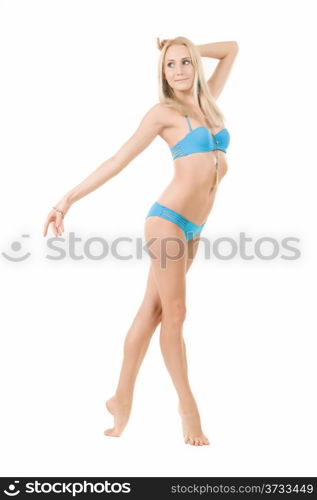 young beautiful girl in a blue bathing suit