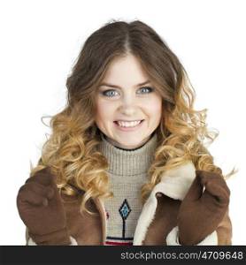 Young beautiful girl in a leather sheepskin coat, isolated on white background