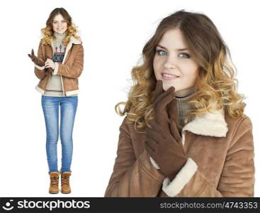 Young beautiful girl in a leather sheepskin coat, isolated on white background