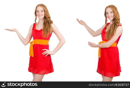 Young beautiful girl in red dress pointing isolated on white