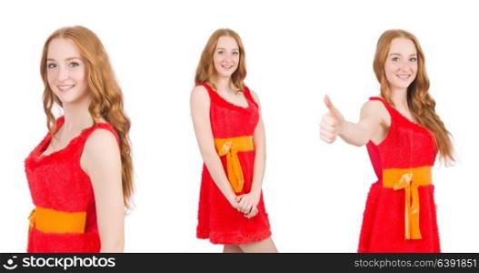 Young beautiful girl in red dress thunms up isolated on white